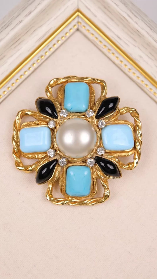 Chanel 1997 Tiffany Blue Glass Pearl Cross Brooch Pendant