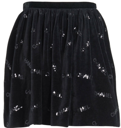 CHANEL 22B COCO NEIGE VELVET BLACK SEQUIN CC BOW SKIRT FR 38