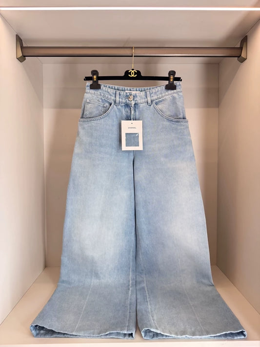 Chanel 25S light blue double C sequined wide-leg pants