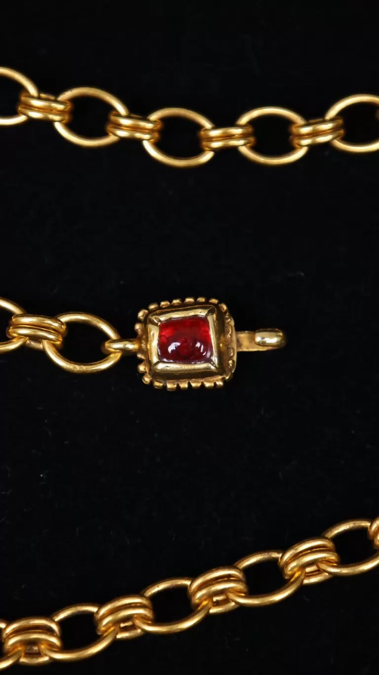Chanel Red and Green Glass Pearl Pendant, Three-Layer Waist Chain Necklace