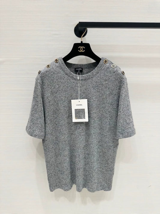 Chanel 26B Grey Shoulder Button Knit Short-Sleeve T-Shirt