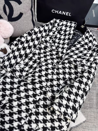 Chanel 19K black & white Houndstooth Long Coat