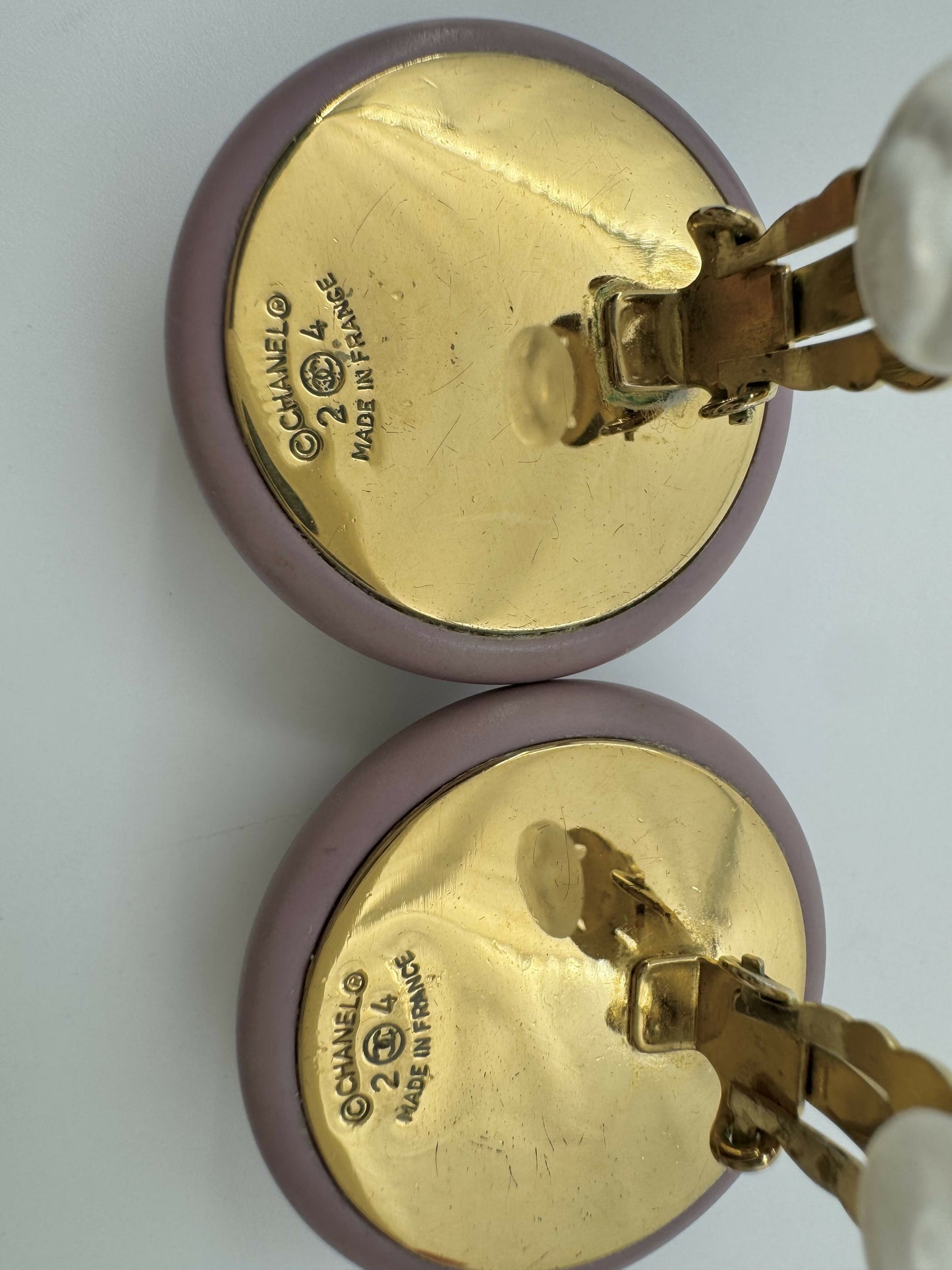 Chanel Vintage 87 Resin Purple Pink CC Logo Large Round Clip-on Earrings