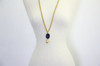 Chanel Vintage 95A Lapis Lazuli Marble Blue Oval Pendant Gold Plated Necklace