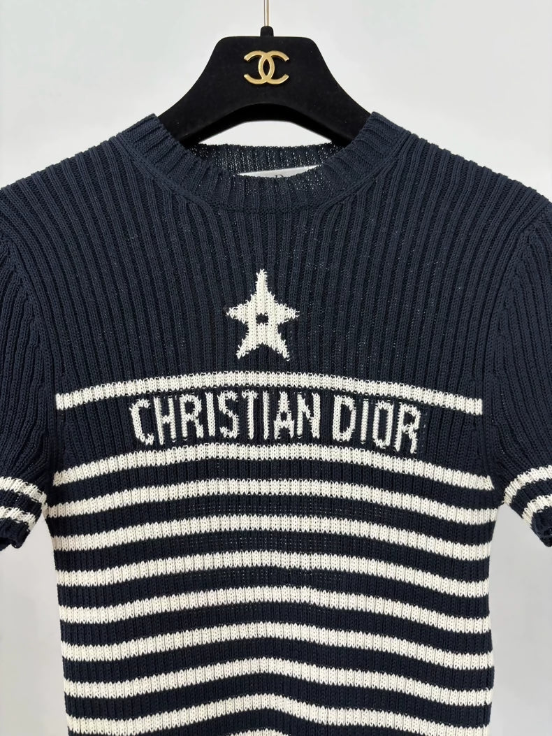 Dior classic lucky star striped knit short-sleeved top