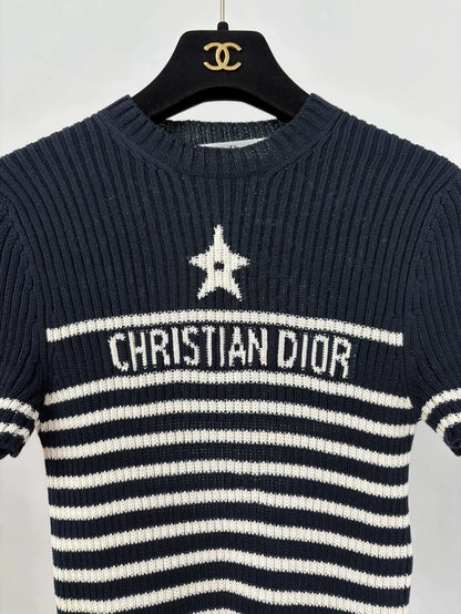 Dior classic lucky star striped knit short-sleeved top