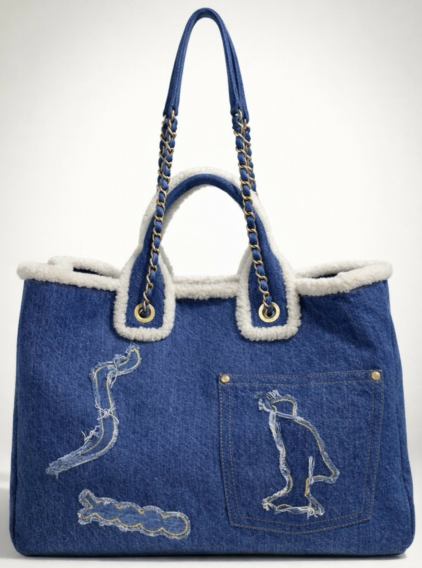 Chanel 19A New York Egypt Denim Shearling Hieroglyph Coco Shopping Tote