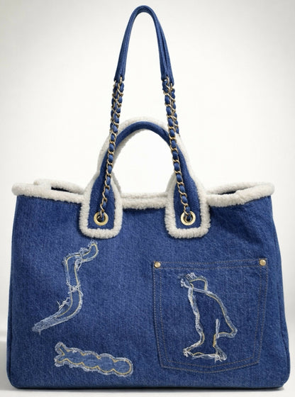 Chanel 19A New York Egypt Denim Shearling Hieroglyph Coco Shopping Tote