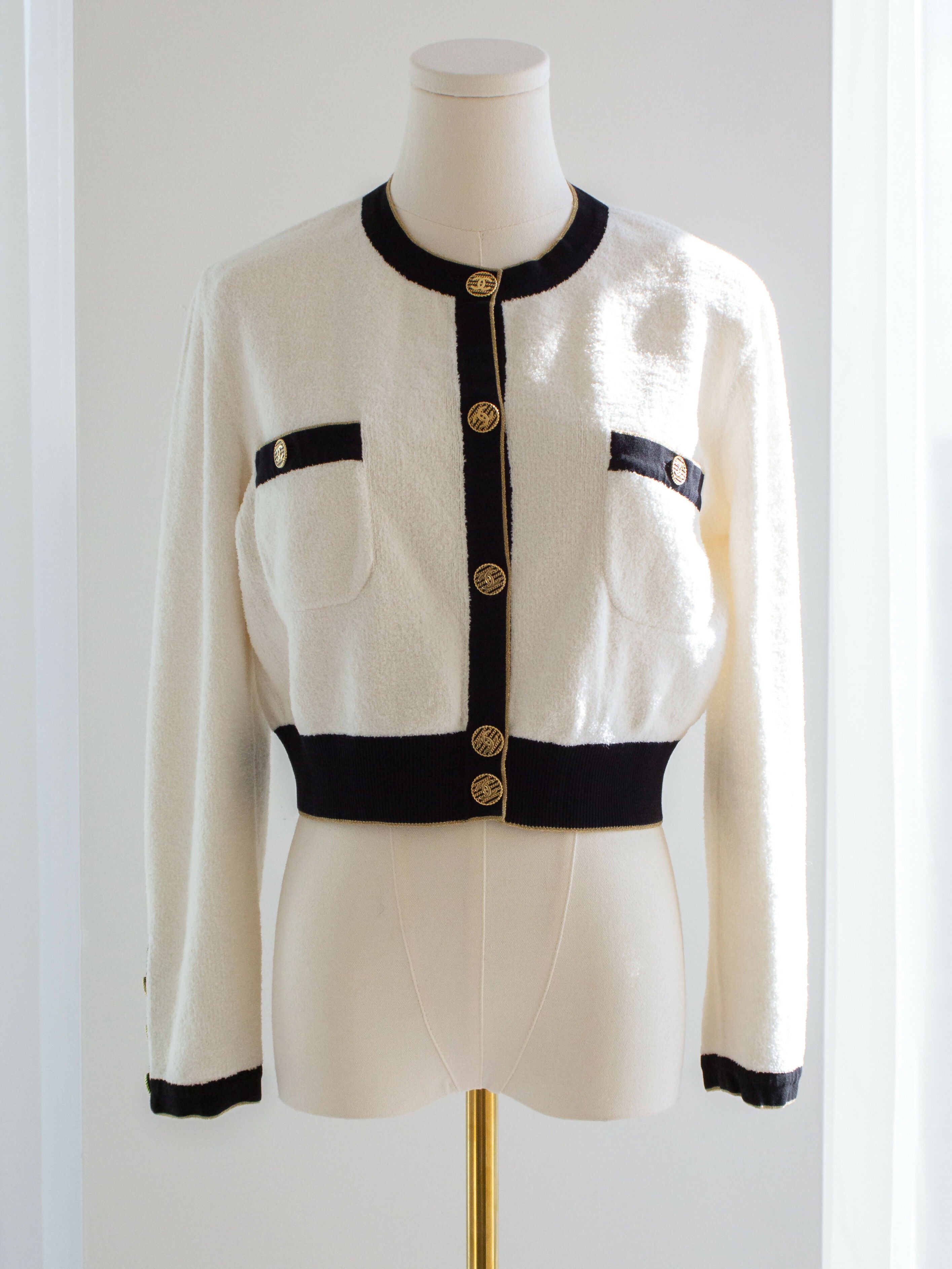 Chanel Cruise 2019 La Pausa White Black Gold Terry 19C Cardigan