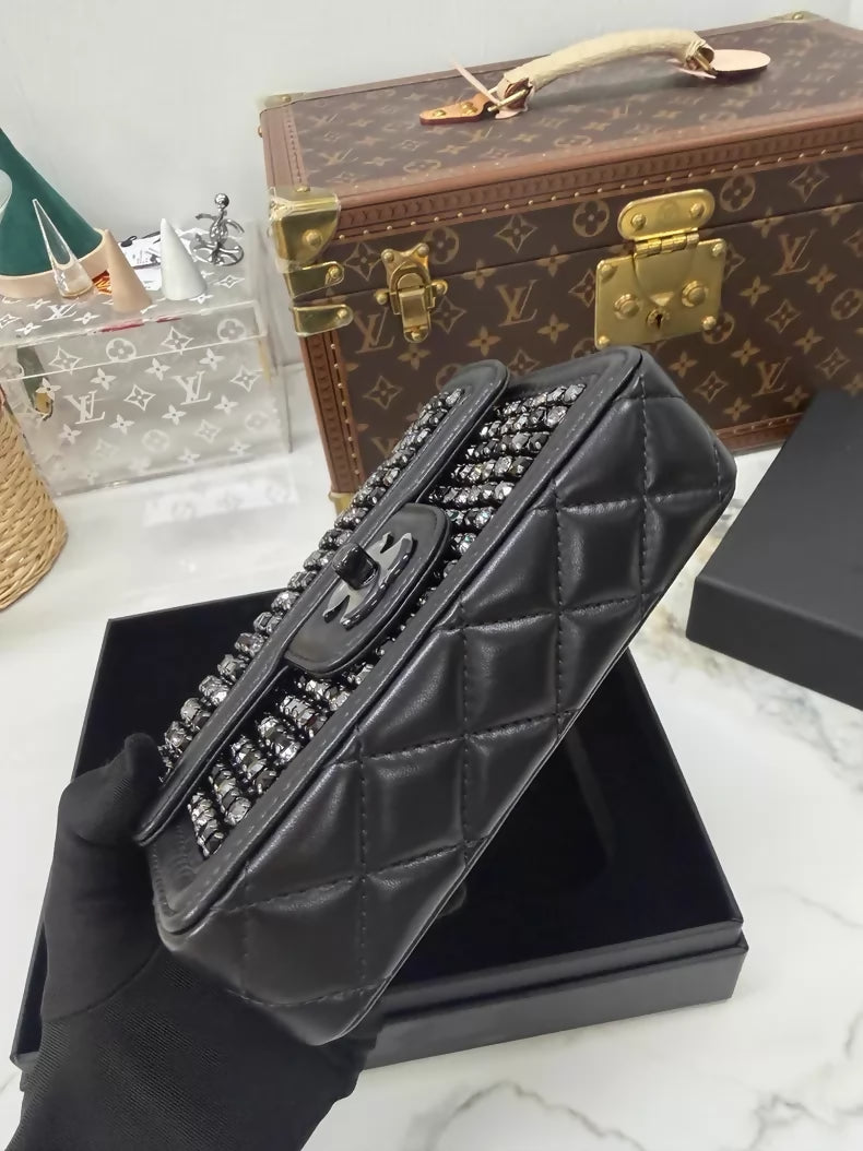 Chanel 24K Evening Bag Mini CF Black Gold Rhinestone Chain Bag