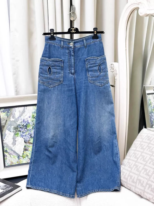 Chanel 24P double-C two-pocket blue denim wide-leg jeans