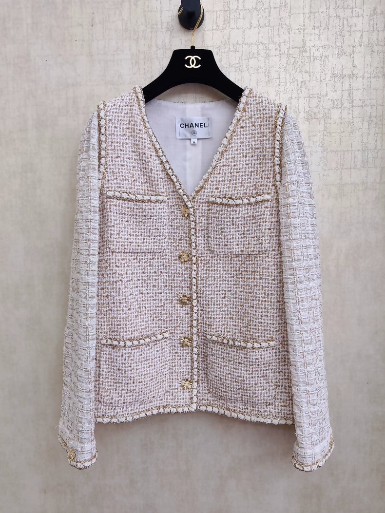 Chanel 26C beige gold tweed jacket