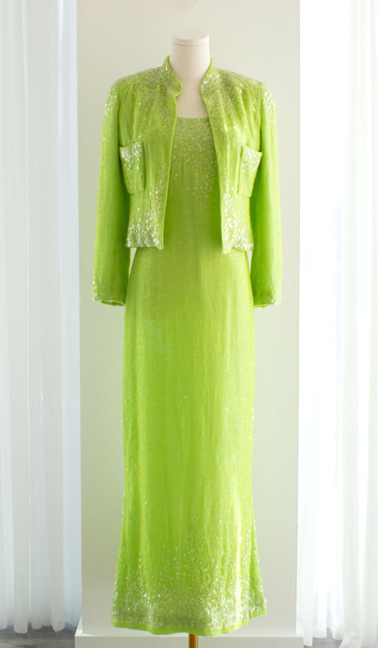 chanel vintage ss 1997 gren velvet embellished sequin 97p jacket dress gown set