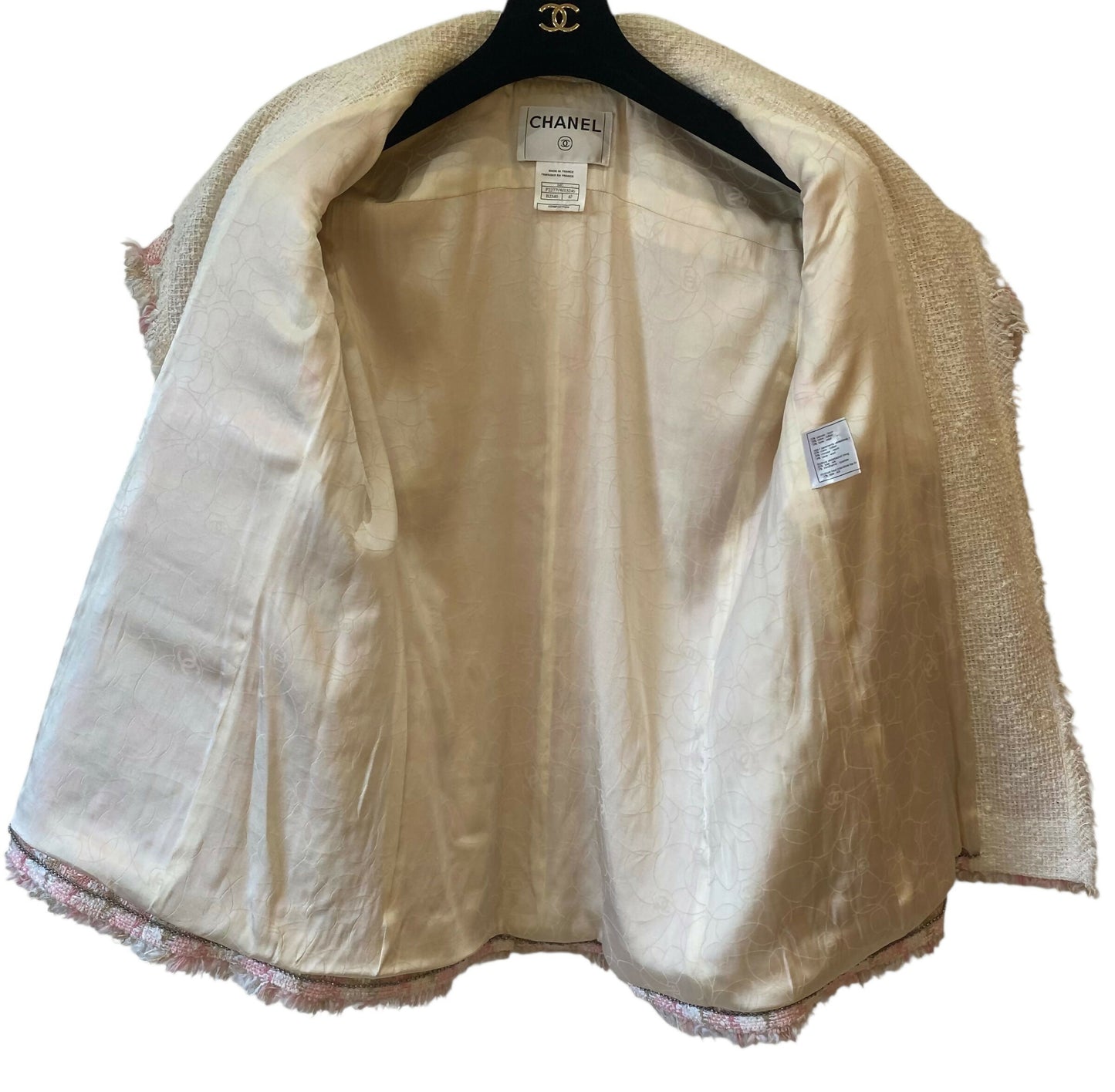 Chanel 04C Pink White Cream Fringe Tweed Checker Jacket FR 42