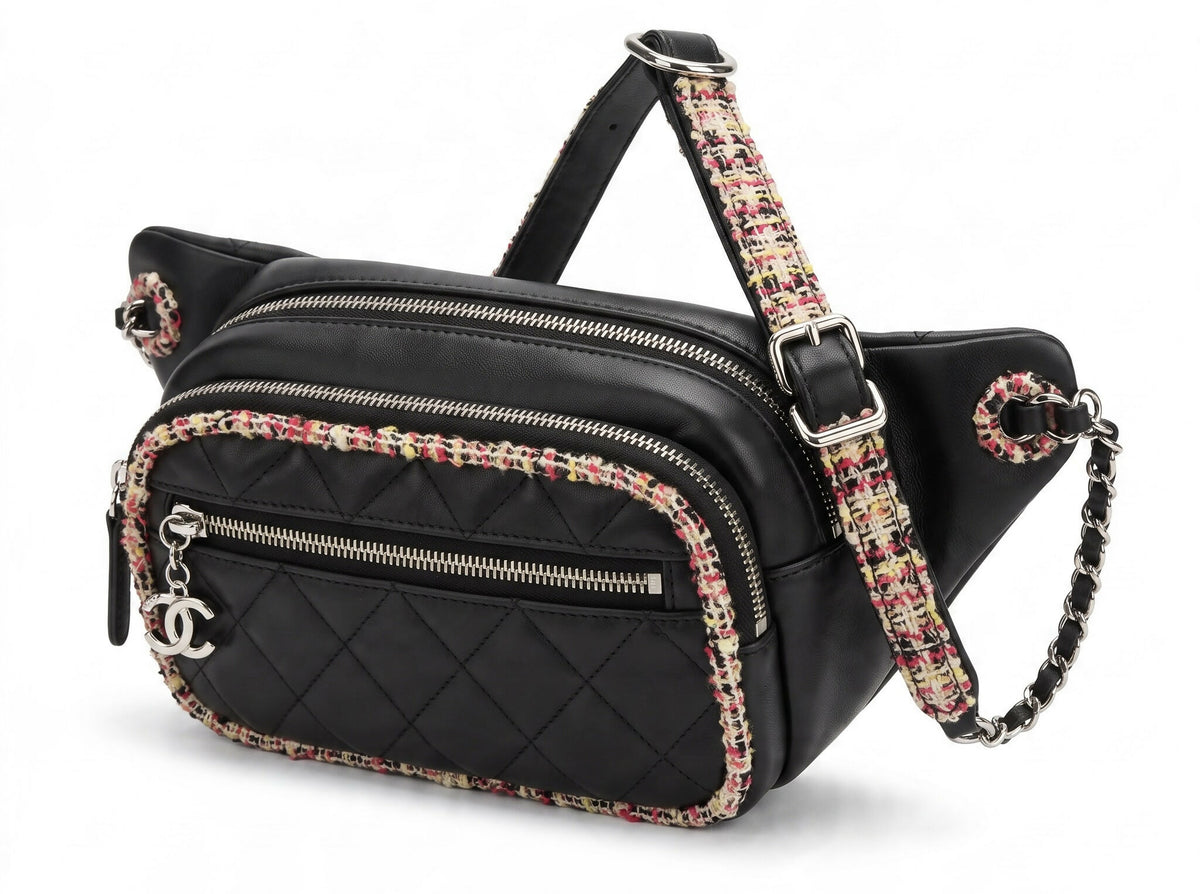 Chanel 19S Black Leather Multicolor Tweed Trim Quilted Waist Belt Bag