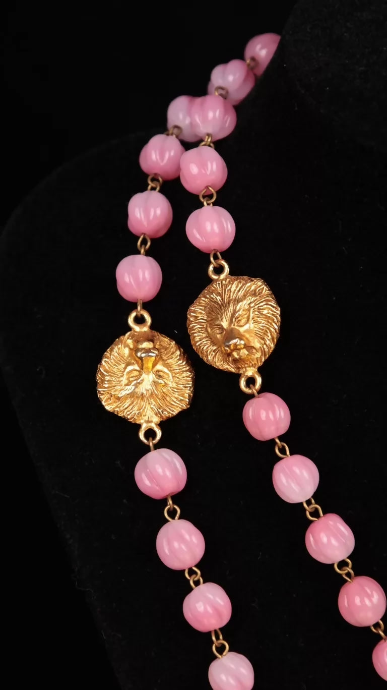 Chanel Pink Glass and Gold Lion Head Long Necklace/Sweater Chain