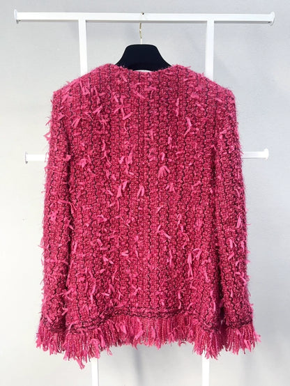 Chanel 2017 Berry-colored fringed double-breasted red coat