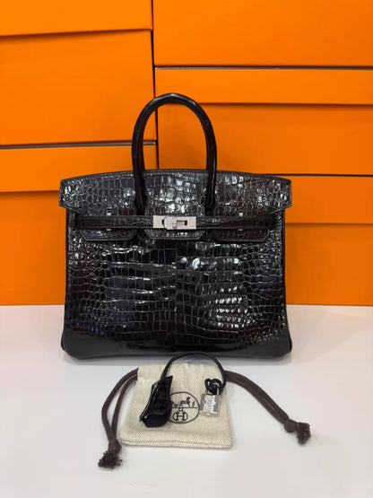 Hermes Birkin 25 black shiny leather crocodile leather with diamond hardware