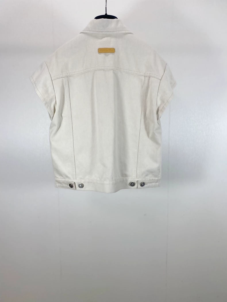 Dior Beige Distressed Denim Vest with All-over Print Lining