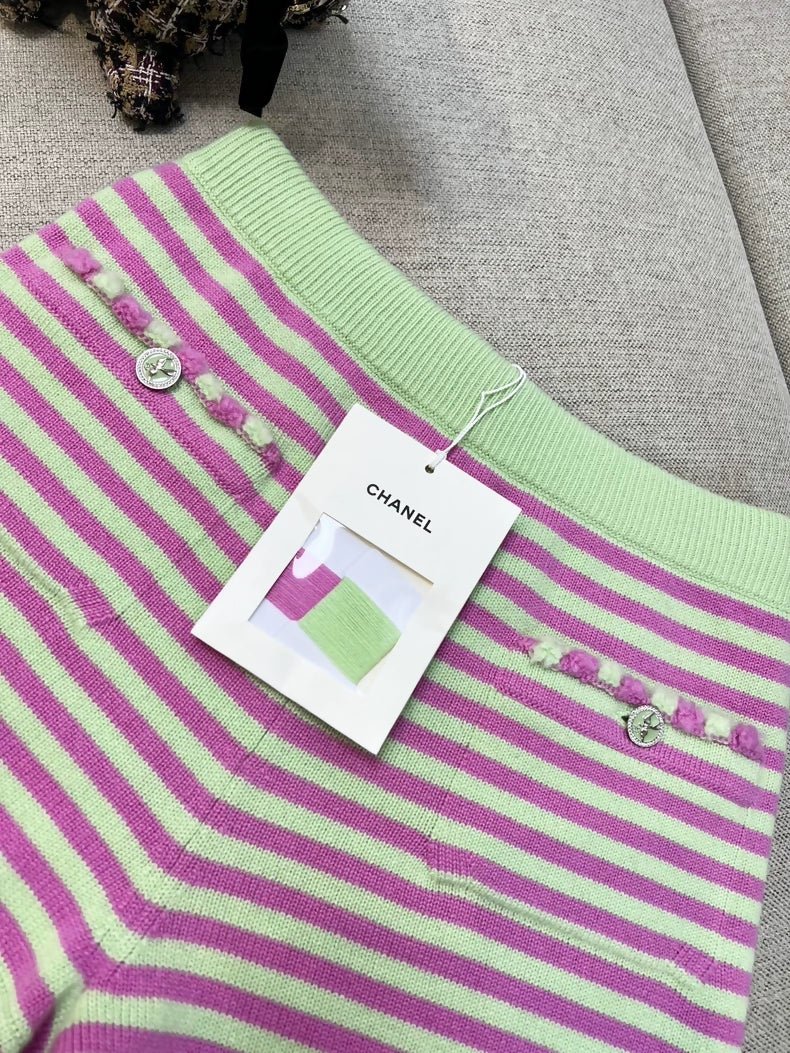 Chanel 25s pink and green striped knit shorts
