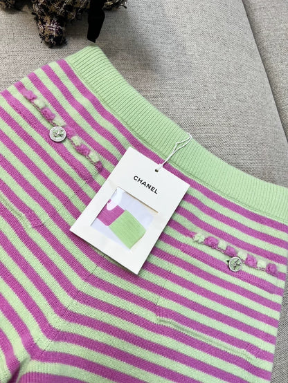 Chanel 25s pink and green striped knit shorts