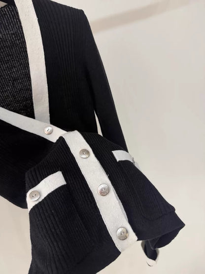 Chanel 26P Black Cardigan with White Trim and Silver Buttons