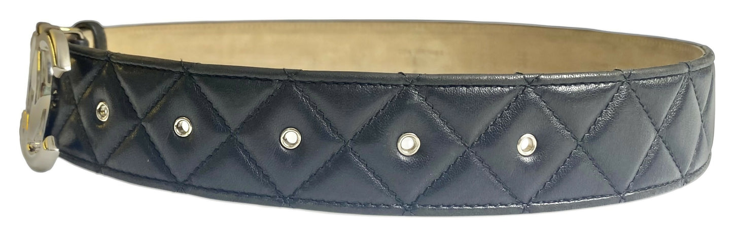 Chanel 14A Black Quilted Lambskin Silver CC Logo Belt 80/32