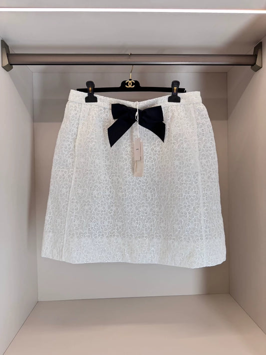 Chanel 24S White Camellia Bow Sequined Skirt