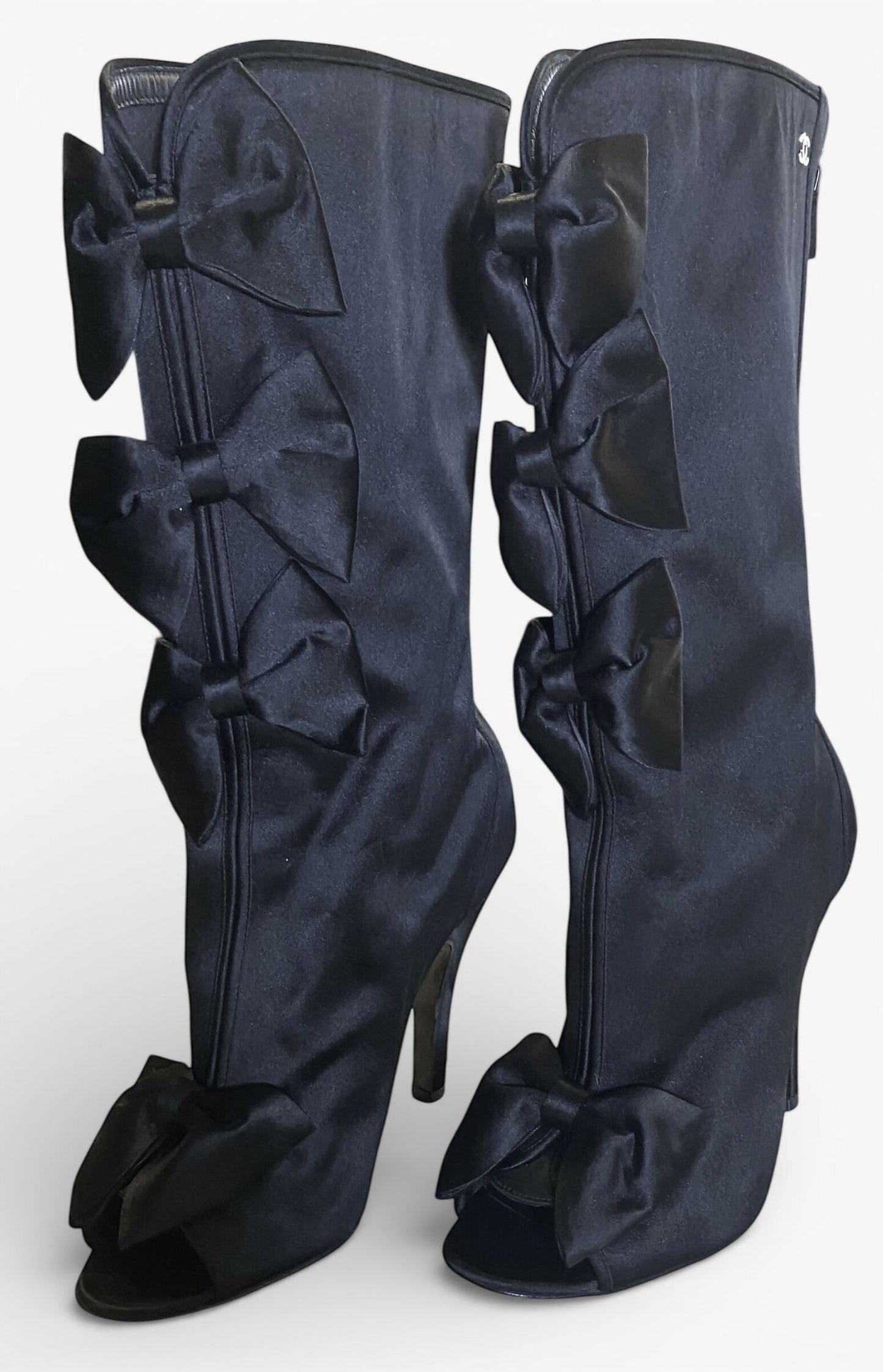Rare Chanel 09P Black Satin CC Bow Mid Calf Peep Toe Booties Ankle Boot Heels FR 38