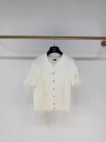 Chanel 25S white feather knit cardigan
