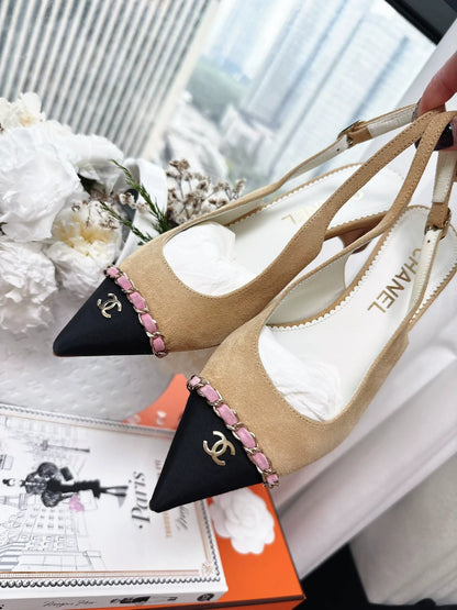 Chanel 23P camel suede and black slingback sandals
