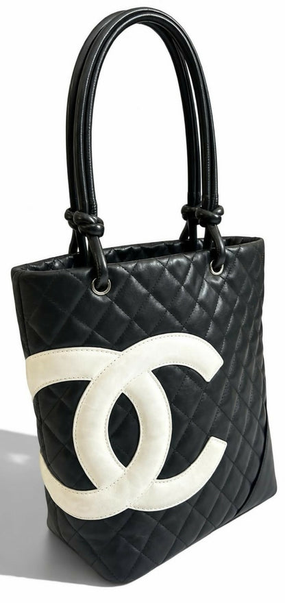 Chanel 2005 Black White Calfskin Quilted Medium Cambon Tote Bag