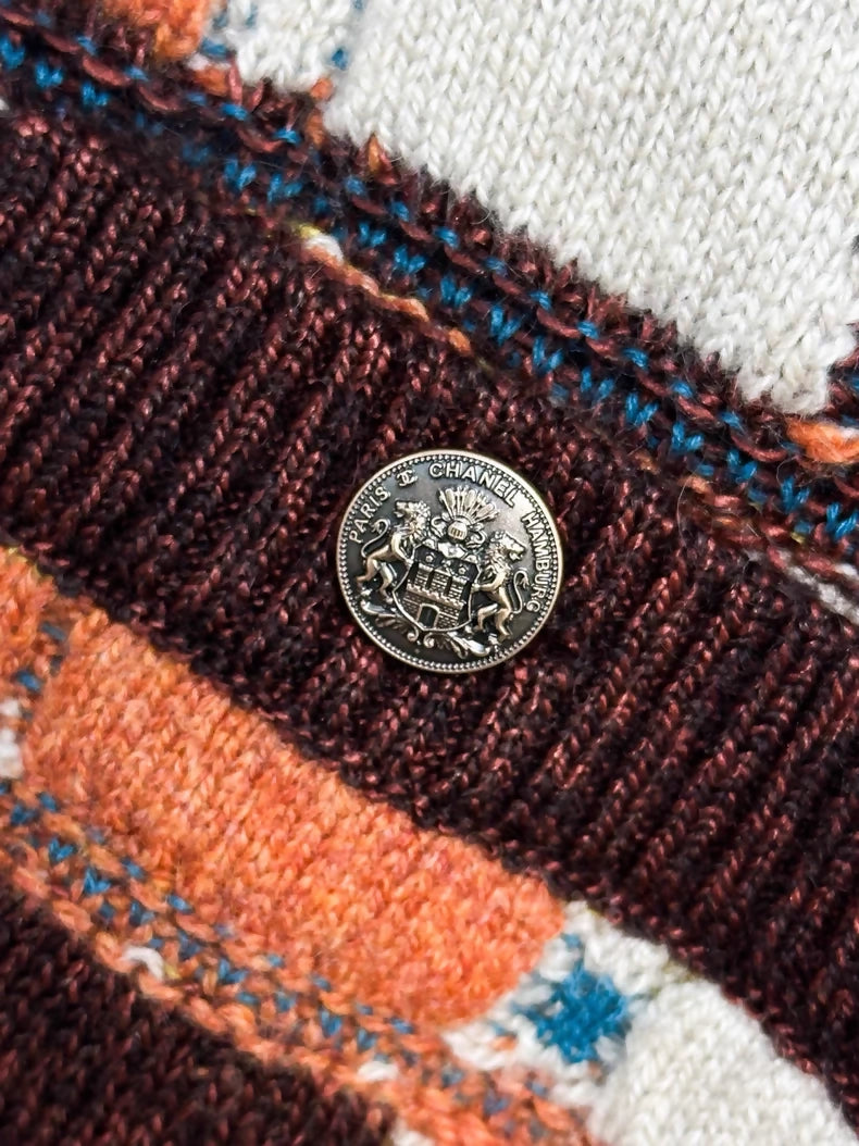 Chanel 2018 khaki and orange color-blocked plaid cashmere knit cardigan