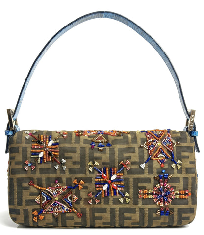 Fendi Vintage Blue Lizard Trimmed Embroidered Beaded Classic Zucca Baguette Bag