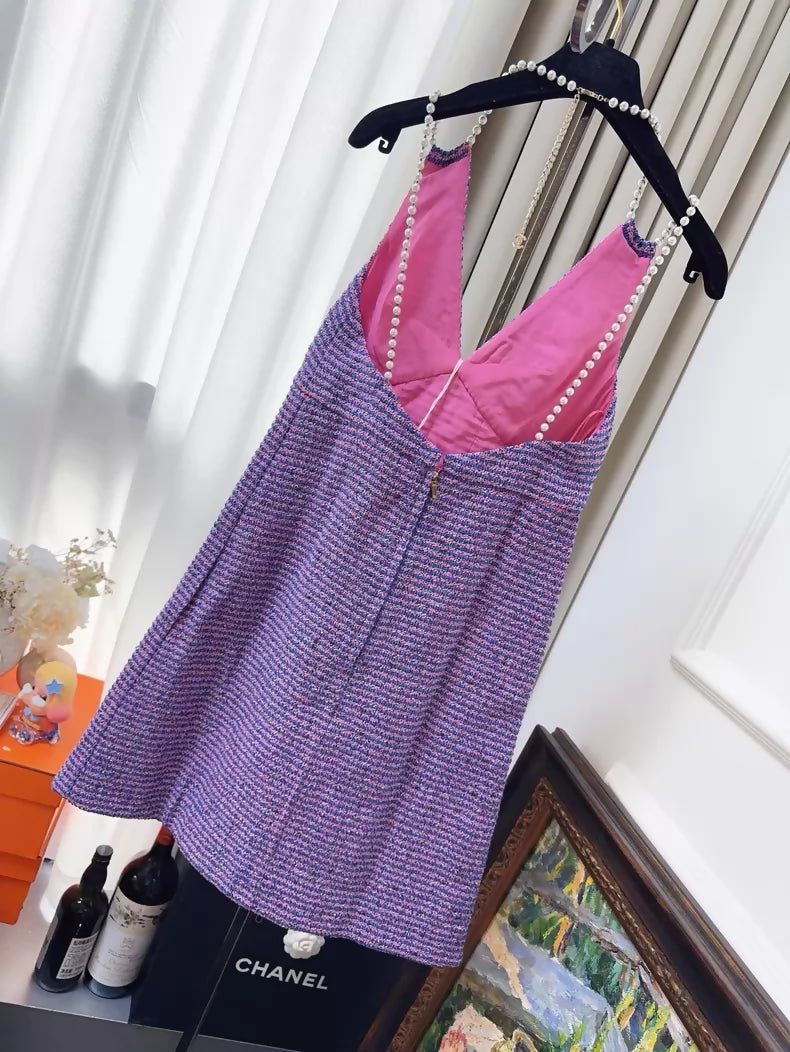 Chanel 23P purple tweed pearl dress