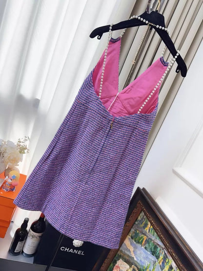 Chanel 23P purple tweed pearl dress