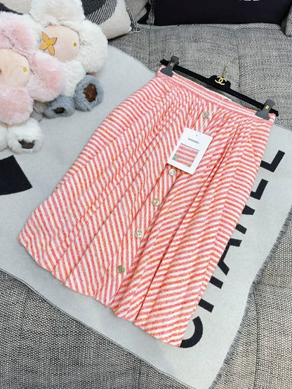 Chanel 21S orange-pink and white striped pleated midi skirt