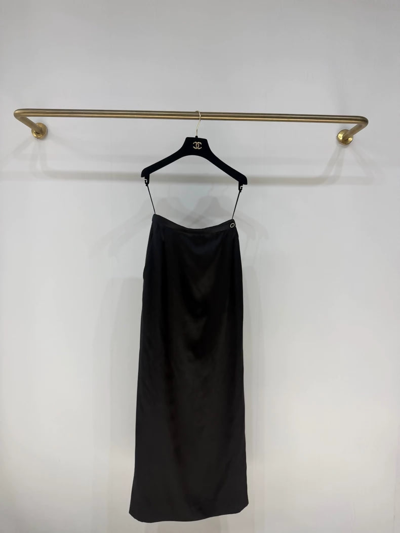 Chanel 21A black satin silk midi skirt