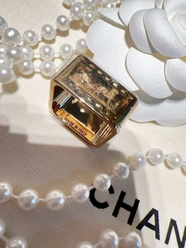 Hermes gold square horse and carriage print scarf clip
