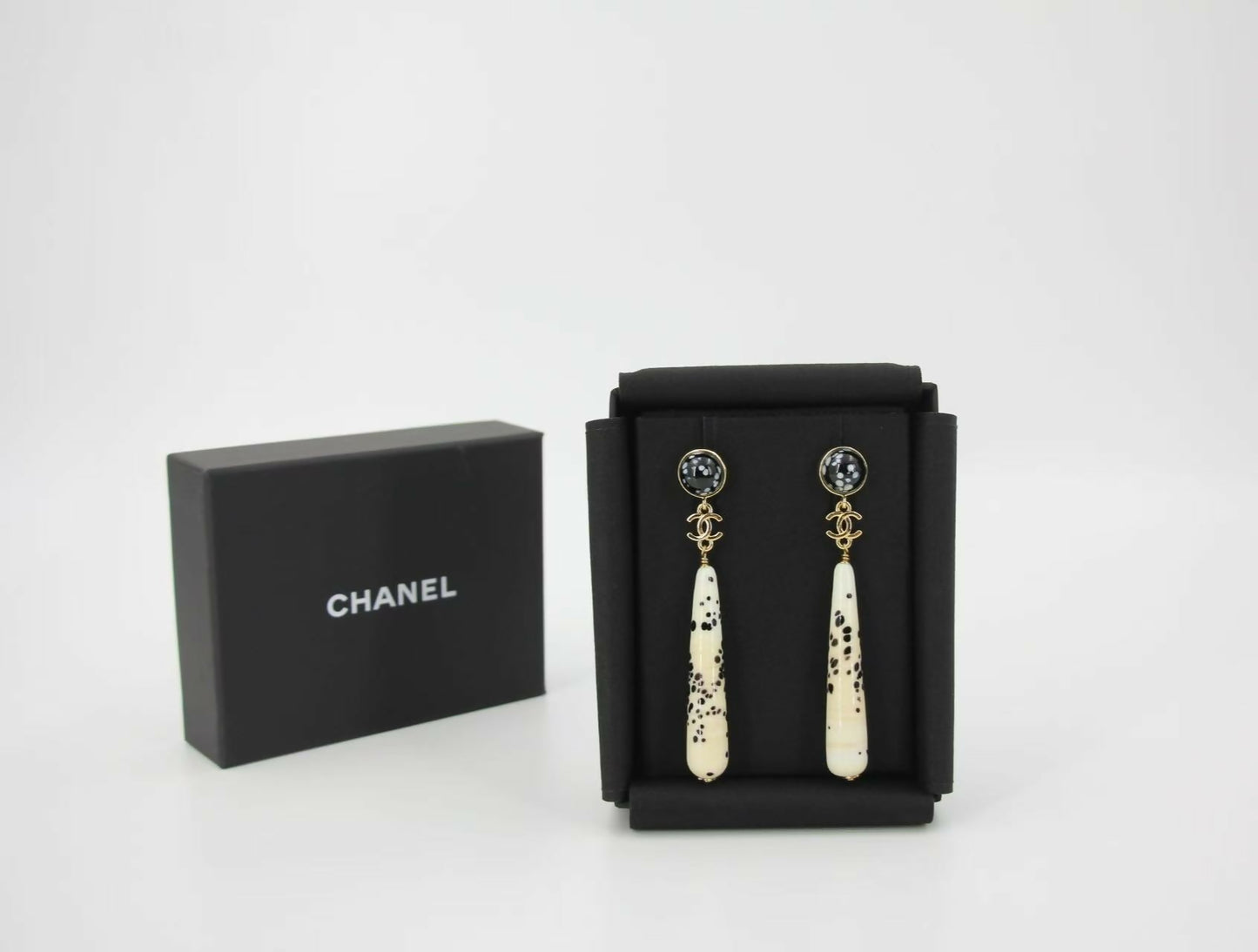 Chanel 26A Resin Polka Dot Black and White Drop Stud Earrings