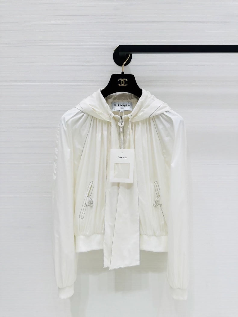 Chanel Coco Beach White Silk Hooded Jacket with Bow Tie, F38