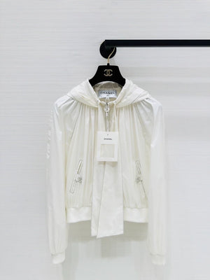 Chanel Coco Beach White Silk Hooded Jacket with Bow Tie, F38