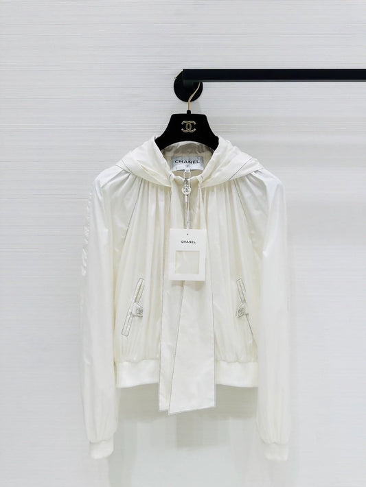 Chanel Coco Beach ecru Silk Hooded Jacket with Bow Tie