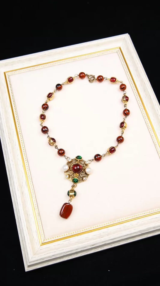 Chanel 1985 Ruby and Emerald Glass Pendant Necklace