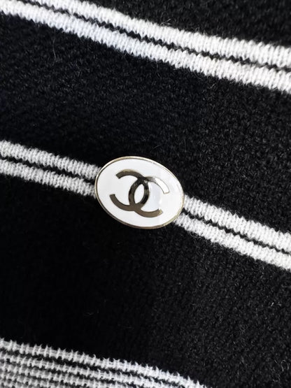 Chanel 23k black and white striped camellia double C logo knit sweater