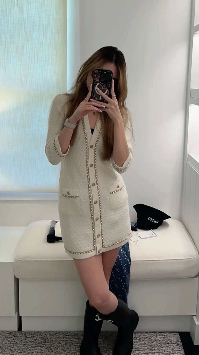 Chanel 23B off-white classic leather cashmere knit cardigan