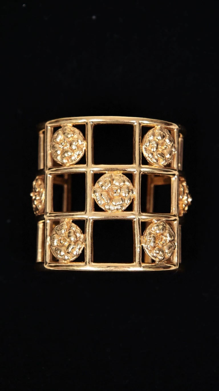 Chanel Plain Gold 3D Camellia Openwork Wide Bangle