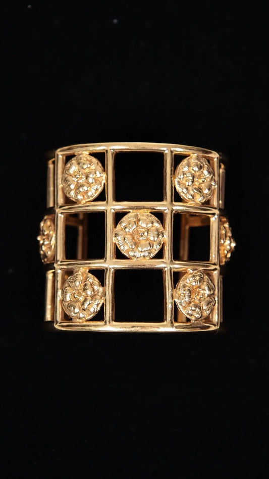 Chanel Plain Gold 3D Camellia Openwork Wide Bangle