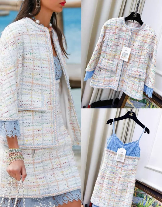 CHANEL 19S Colourful Check Lace-Trimmed Jacket and Dress