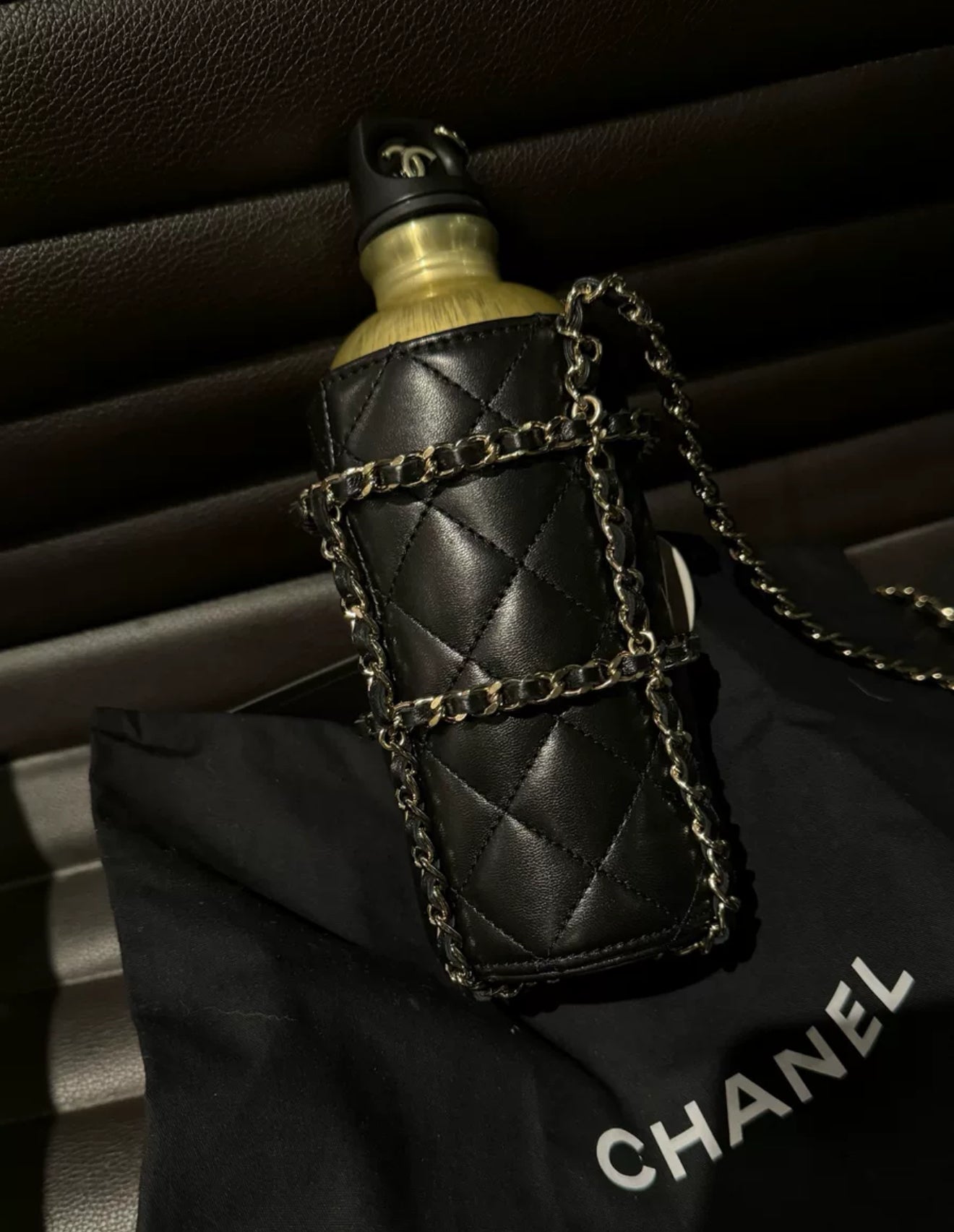 Chanel Gold CC Water Bottle Black Quilted Lambskin Gold Hardware